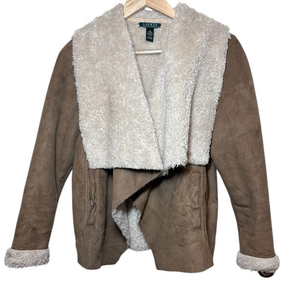 Lauren Ralph Lauren Brown Faux Shearling Open Draped Waterfall Jacket Size S - Picture 4 of 13